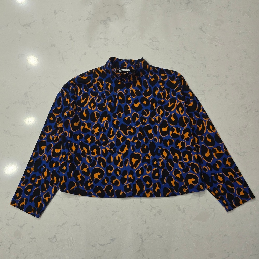 Zara Womens Blue Orange Leopard Print Mock Neck Cropped Knit Sweater Size M